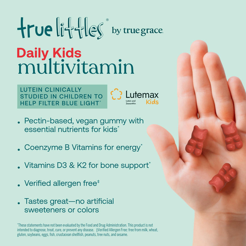 True Grace True Littles Daily Kids Multi - 60 Pectin Gummies - Immune, Cognitive, Bone & Eye Support - Clinically Studied Lutemax Kids Lutein & Vitamin D3 + K2 - Allergen Free & Vegan - 60 Servings 60 Day Supply
