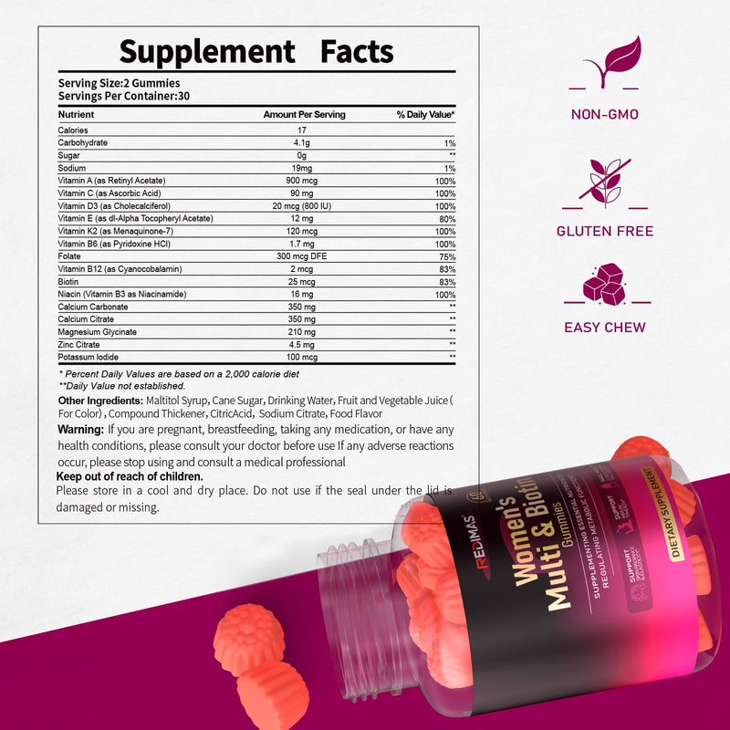 Multivitamin Gummies for Women, Mix Berry Flavor Gummy, 60 Count | Vitamin Blend with Vitamins A, B, C, D, E, K2 and Biotin, Daily Energy Support, Chewable Format for Nutrition Routine