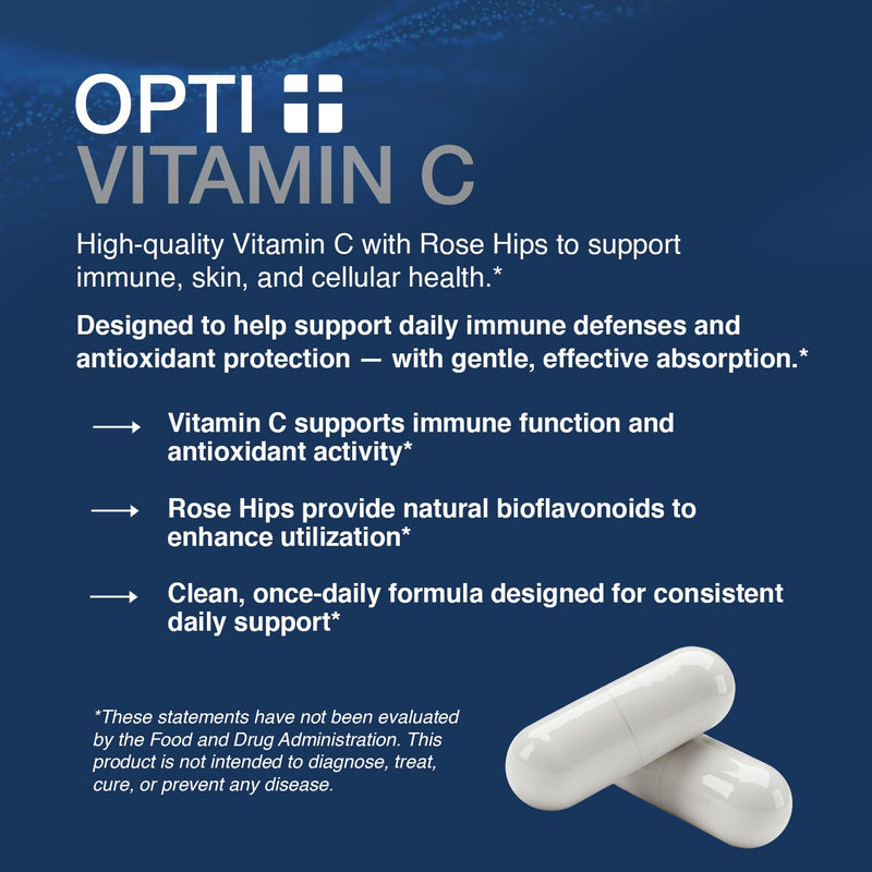 Opti+ Vitamin C 1000mg Capsules, Buffered Time-Release Formula with Rose Hips & Acerola for Immune & Antioxidant Support*, Vitamin C Essential Antioxidant, 100 Capsules, 100-Day Supply