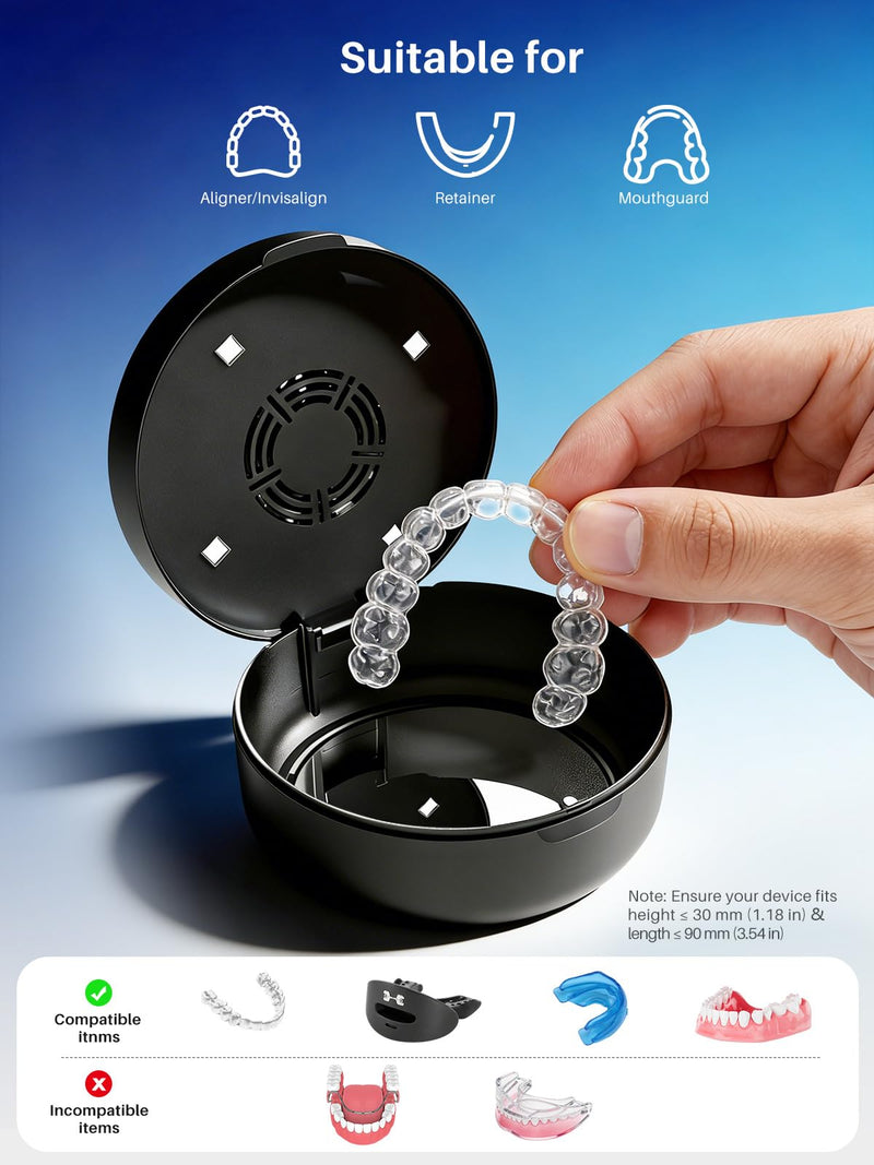 Voraiya UV Retainer Case with Fan, UVC Retainer Cleaner, Aligner Case Includes Vent Holes and Mirror, Portable Retainer Holder Box for Mouth Guard, Aligners, Night Guard, Black