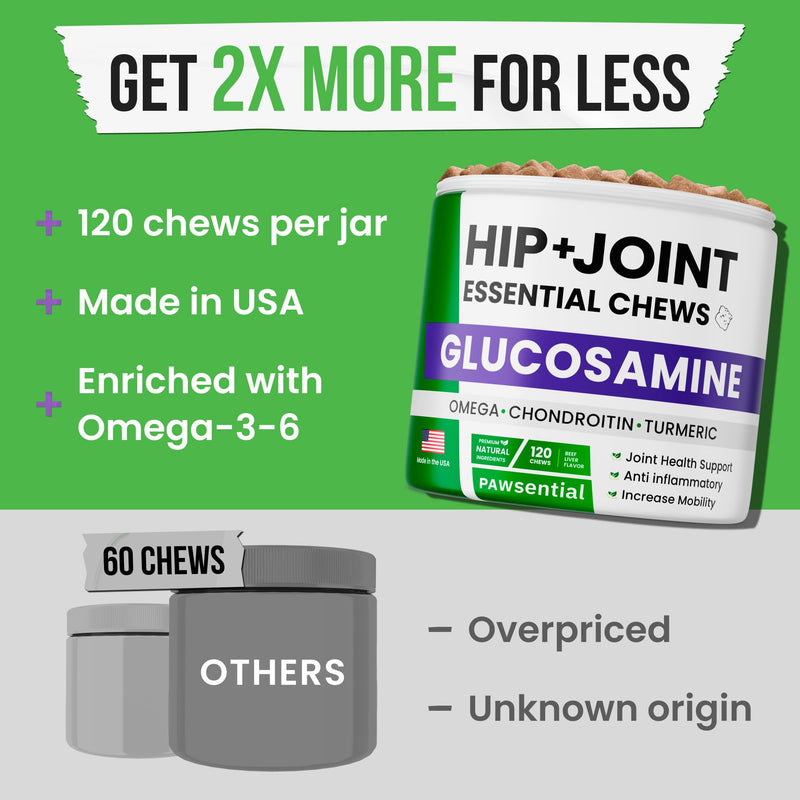 Glucosamine Chondroitin for Dogs - Joint Supplement w/Omega-3 Fish Oil - MSM - Advanced Mobility Chews - Joint Pain Relief - Hip & Joint Care - 120Ct - Made in USA 120 Treats