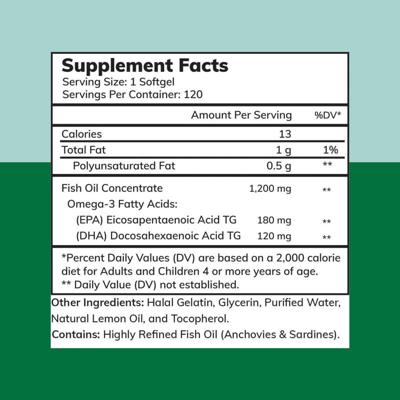Zaytun Halal Fish Oil 1200mg Omega-3, Premium EPA/DHA, One Per Day, Daily Wellness Support, 4 Months Supply, Lemon Flavor, Keto Friendly, Gluten Free