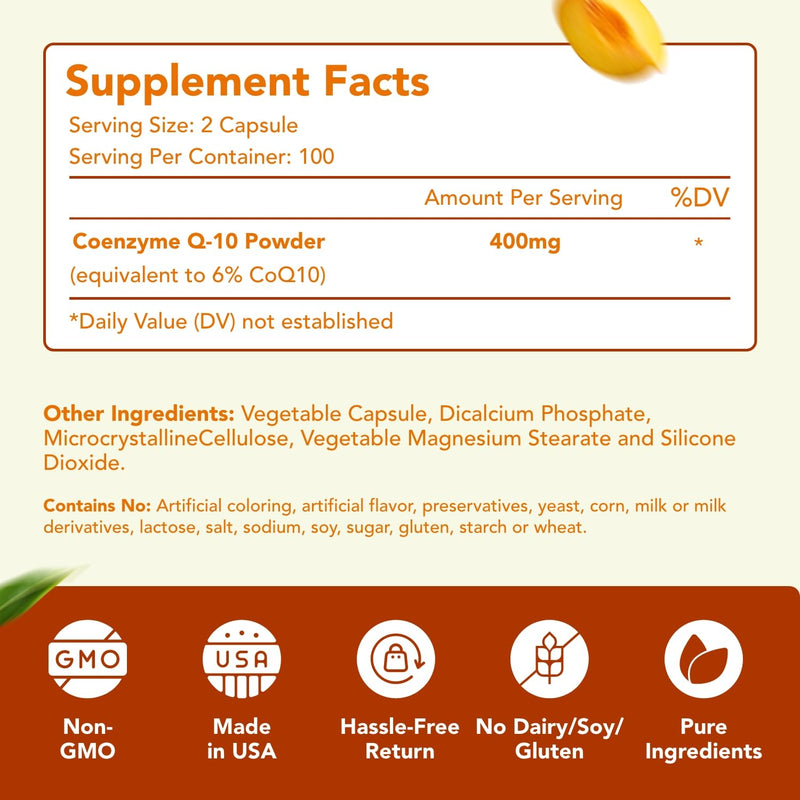 Coenzyme Q10 400mg CoQ10 Supplement - Once Daily Coq 10 400mg Powder Capsules for Healthy Heart Antioxidant and Energy Support - Non-GMO Quick Absorption Ubiquinone Q10 Coenzyme (200 Servings) 200 Count (Pack of 2)