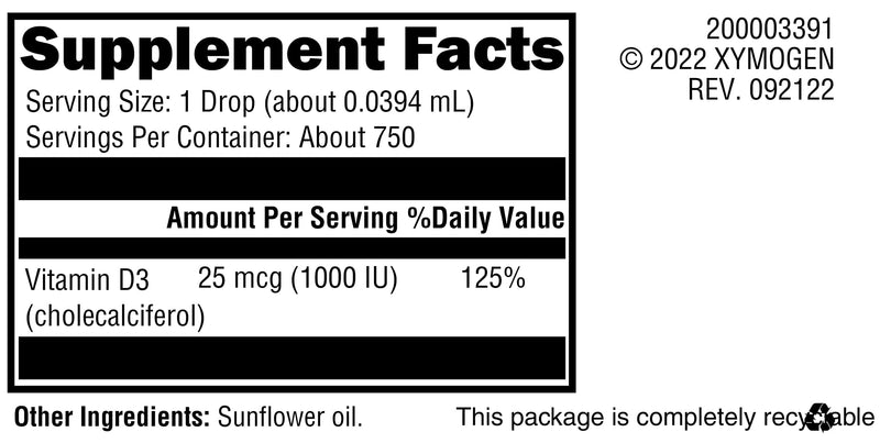 XYMOGEN D3 Liquid, 1000 IU Per Drop, 1 Oz | Immune, Bone, and Heart Health Support, Liquid Vitamin D3 Drops, Micro-Emulsified for Enhanced Absorption 1 Fl Oz (Pack of 1)