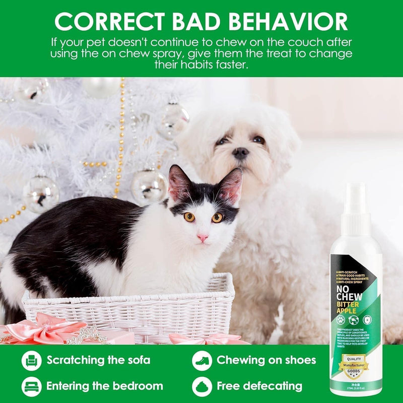 No Chew Bitter Apple Spray for Dogs & Cats, Natural Alcohol-Free Anti-Chew Spray to Stop Chewing, Licking & Biting, Furniture & Wound Safe Pet Behavior Training Spray, 5.92 fl oz Green