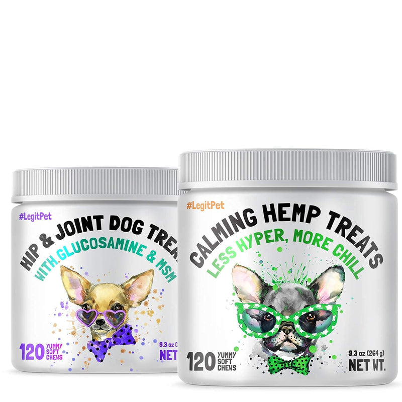 LEGITPET Calming Hemp Treats for Dogs 120 Soft Chews and Hemp Hip & Joint Supplement for Dogs 120 Soft Chews Bundle - Natural Pain Relief and Mobility - Dog Anxiety Relief - Made in USA