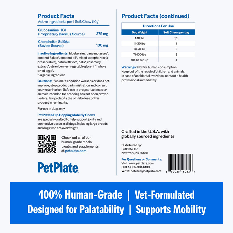 PetPlate Hip Hopping Soft Chews for Dogs, Hip and Joint Supplements, Organic and Human-Grade Ingredients, Mobility Support, Pet Supplies (Pack of 1, 9.8 Ounce) - PawsPlanet Australia