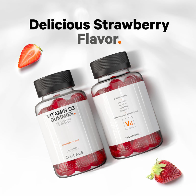 Codeage Vitamin D3 Gummy Vitamins, Vitamin D3 5000 IU Gummies Cholecalciferol 125 mcg - 2-Month Supply - Soft Pectin-Based, Animal Gelatin-Free Vitamins Gummy, Strawberry, Gluten-Free - 60 Gummies