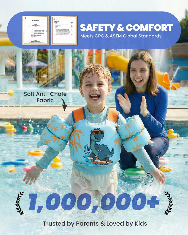 Gogokids 2-in-1 Toddler Swim Vest Pool Floaties for Kids[CPC Certified & Remove Crotch Strap]Puddle Float Jumper 24-66 Pounds, Toddler Arm Floaties Swim Jacket Water Wings for kids Boys Girls Swimmies G-Light Blue Dinosaur