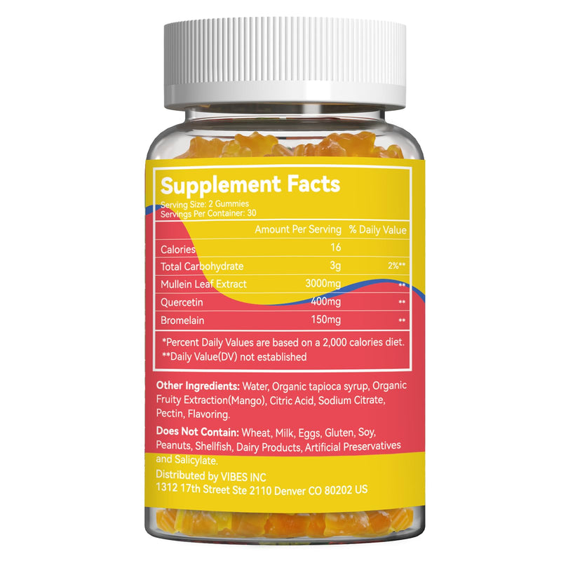 Mullein Gummies 3000MG, Sugar Free Mullein Gummies with Bromelain & Quercetin, Mullein Leaf Extract Supplements for Lungs, Vegan, 60 Count 60 Count (Pack of 1)