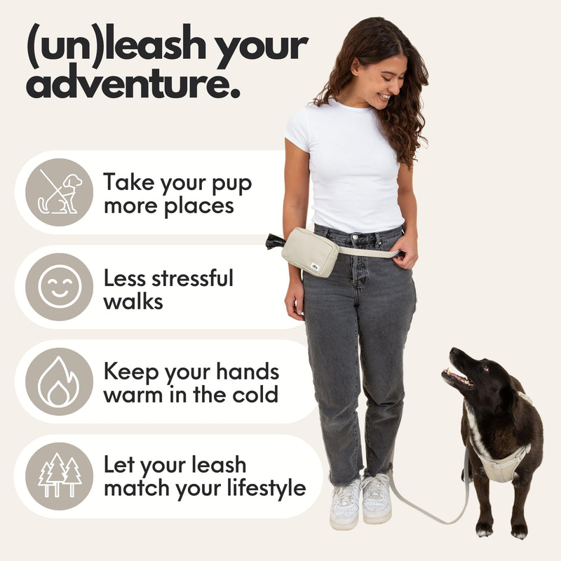 elby - Hands Free Dog Leash with Dog Treat Pouch - Cross Body and Waist Leash - Dog Training Leash with Fanny Pack - Dog Walking Accessories and Walking Essentials - Leash for Medium and Large Dogs Regular Beige - BeesActive Australia