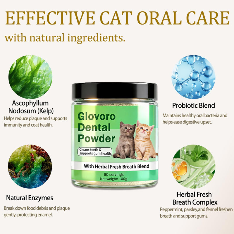 Glovoro Cat Dental Powder, Dental Powder for Cats, Relieve Gum Redness Tartar, Breath Freshener,Daily Dental Care Powder, 100g
