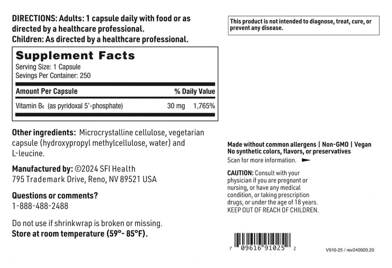 SFI Health Klaire Labs P-5-P, 250 Capsules | 30 Milligrams of Bioactive Vitamin B6 Pyridoxal-5-Phosphate for Metabolic & Liver Support, Hypoallergenic 250 Count (Pack of 1)