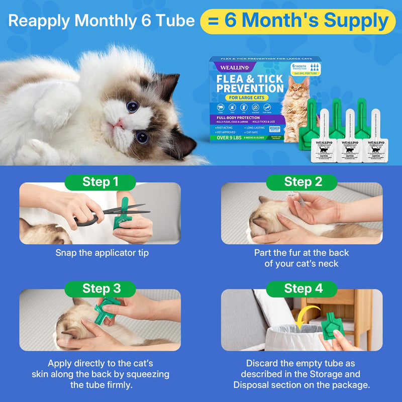 WEALLIN Flea and Tick Prevention for Large Cat, Fleas and Ticks Treatment for Cats Over 9 lbs, Topical Cat Flea Treatment, Fast-Acting & Long-Lasting Fleas Control for Cats, 6-Dose Supply