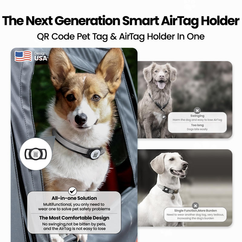 AirTag Dog Collar Holder, Smart QR Code AirTag Holder for Cats and Dogs - Scan Alert | Instant Location | Pet Online Profile | Contacts Info | Pet APP Remote Control (1 Pack, Black) - BeesActive Australia