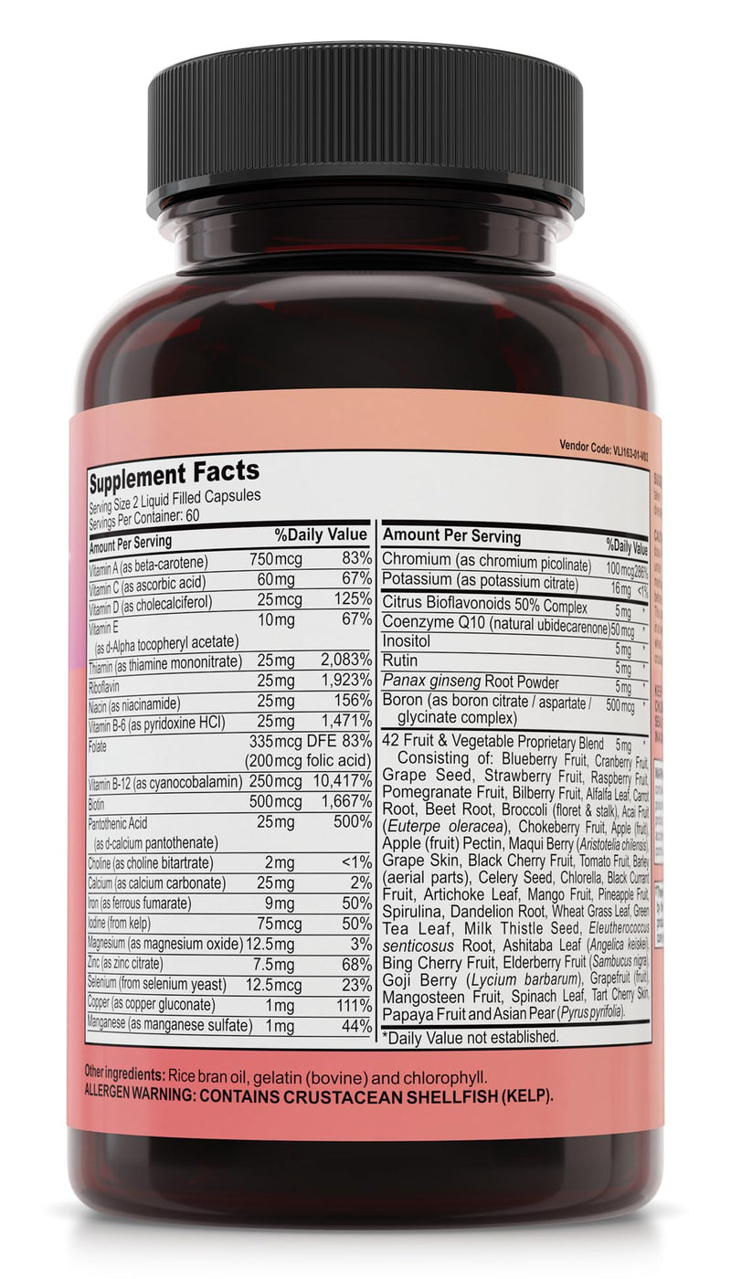 NutriRise Multivitamin for Women 120 Liquid Capsules | Vitamin D, C, B12, A, Biotin, Zinc, Iron, Magnesium, Calcium, Minerals, Vitamins & Superfoods, Daily Nutritional Support Pink