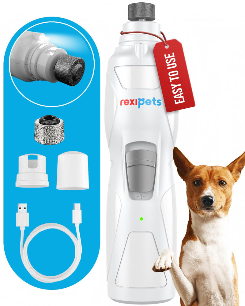 REXIPETS Cat and Dog Nail Grinder - Rechargeable Electric Pet Nail Clipper & Trimmer- Painless Paws Grooming - Quiet 2-Speed Motor. 3 Size Ports for Small, Medium, Large Pets- Up to 4 Hours of Charge - BeesActive Australia