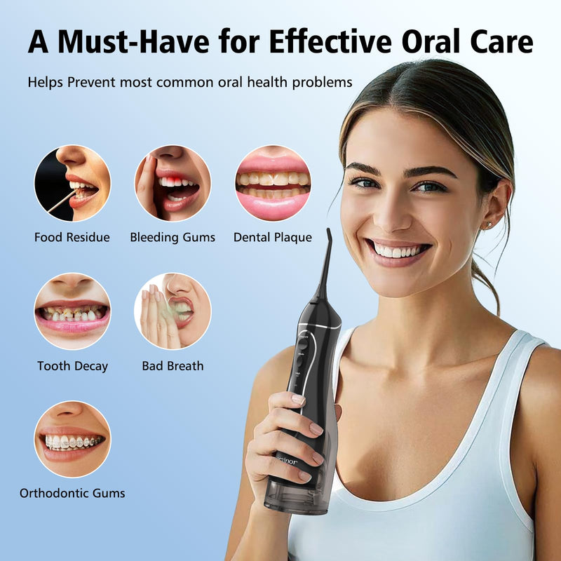 Leominor Water Flosser Pick for Teeth, 300ML Portable Oral Irrigator Upgraded Tank Removable,IPX7 Waterproof, Rechargeable Travel Teeth Cleaner, Professional Electric Flossing Machine (Black) Black