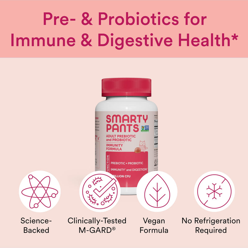 SmartyPants Adult Probiotic & Prebiotic Gummies for Digestive Health: Gut Health Supplement, Clinically Studied Prebiotic for Immune Support, Strawberry, 60 Count (30 Day Supply) (Pack of 2) 1 Count (Pack of 2) Strawberry Probiotic + Prebiotic