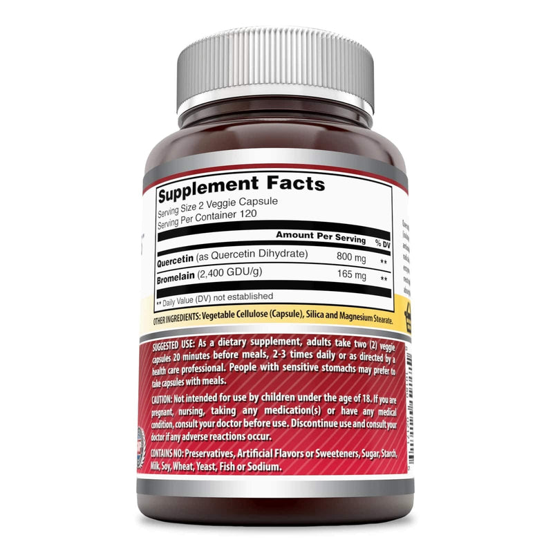Amazing Nutrition Quercetin 800 Mg with Bromelain 165 Mg Veggie Capsules Supplement | Non-GMO | Gluten Free | Made in USA | Suitable for Vegetarians (240 Count) 240 Count