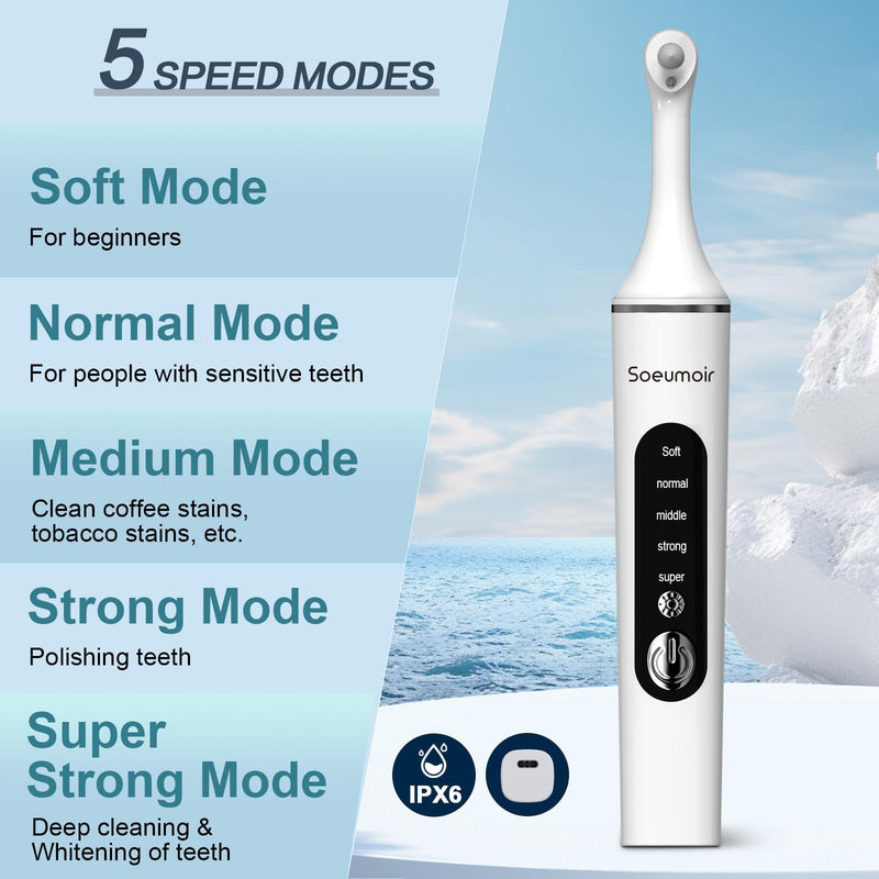 Tooth Polisher,Rechargeable Tooth Whitening Kit for Teeth Cleaning and Whitening, with 8 Brush Heads, LED Light, 5 Speed Modes Dental Polisher Personal Dental Care Kit for Home Use and Travel White