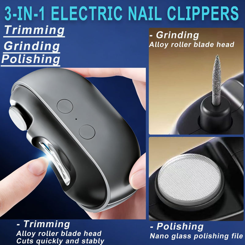 Electric Nail Clippers,3-in-1 Automatic Nail Trimmer, Rechargeable Manicure and Pedicure Set, Suitable for Seniors, Men and Children, Anti-Pinch Design,LED Light,Includes Nail File and Cleaning Brush
