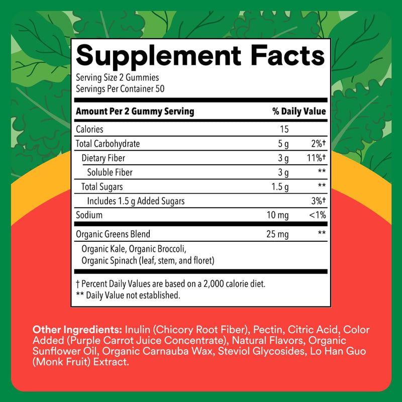 SmartyPants Kids Fiber & Veggies: Prebiotic Fiber Gummies for Kids, Fiber Supplement with Inulin, Organic Green Veggie Blend, Vegan, Gluten Free, Mixed Berry Flavor, 60 Count (30 Day Supply) Fiber + Veggies 60 Count (Pack of 1) - BeesActive Australia