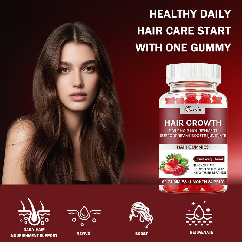 Hair Growth Gummies for Women & Men, Biotin & Silica Hair Vitamins, Daily Hair Nourishment Support for Thicker Looking Hair, Hair Skin and Nails Gummies, Non-GMO, Strawberry Flavor, 60 Gummies