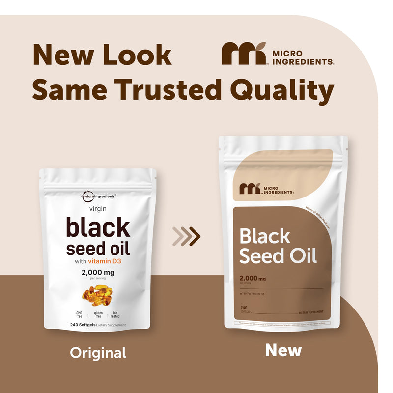 Micro Ingredients Black Seed Oil with Vitamin D3 1000 IU, 240 Softgels | 2,000 mg Black Seed Oil Per Serving | Nigella Sativa Oil | 2-in-1 Unrefined Seed Oil Formula | Non-GMO, cGMP Manufactured