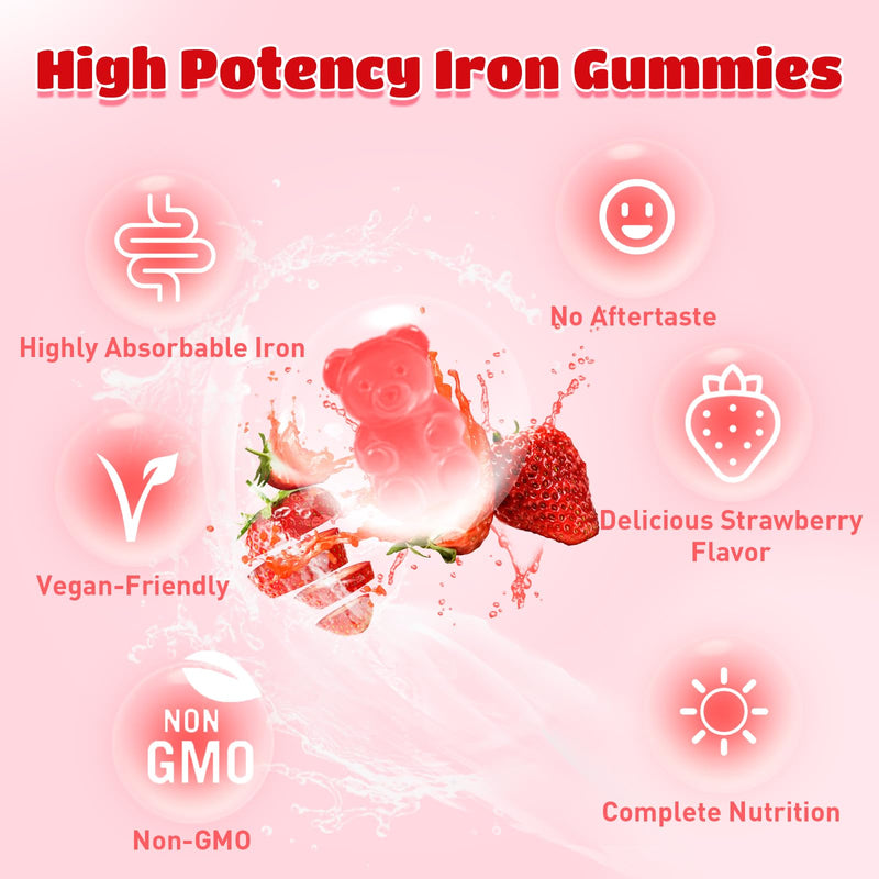 2 Pack Iron Gummies for Men and Women, Energize, Combat Fatigue, Support Anemia Recovery. Packed with Iron, Folate, Vitamin C, in Vegan Strawberry Flavor, 120 Gummies 60 Count (Pack of 2)