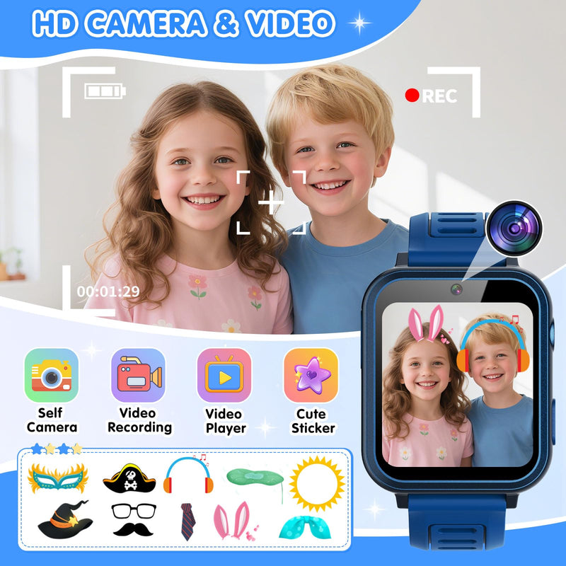 MOFGDNI Smart Watch for Kids with 39 Games Touchscreen Camera Video, Music Player, Pedometer, Calculator, Calendar, Stopwatch, Flashlight, Alarm Clock 12/24 hr, Birthday Gifts Toys for Boys Ages 3-12 Blue