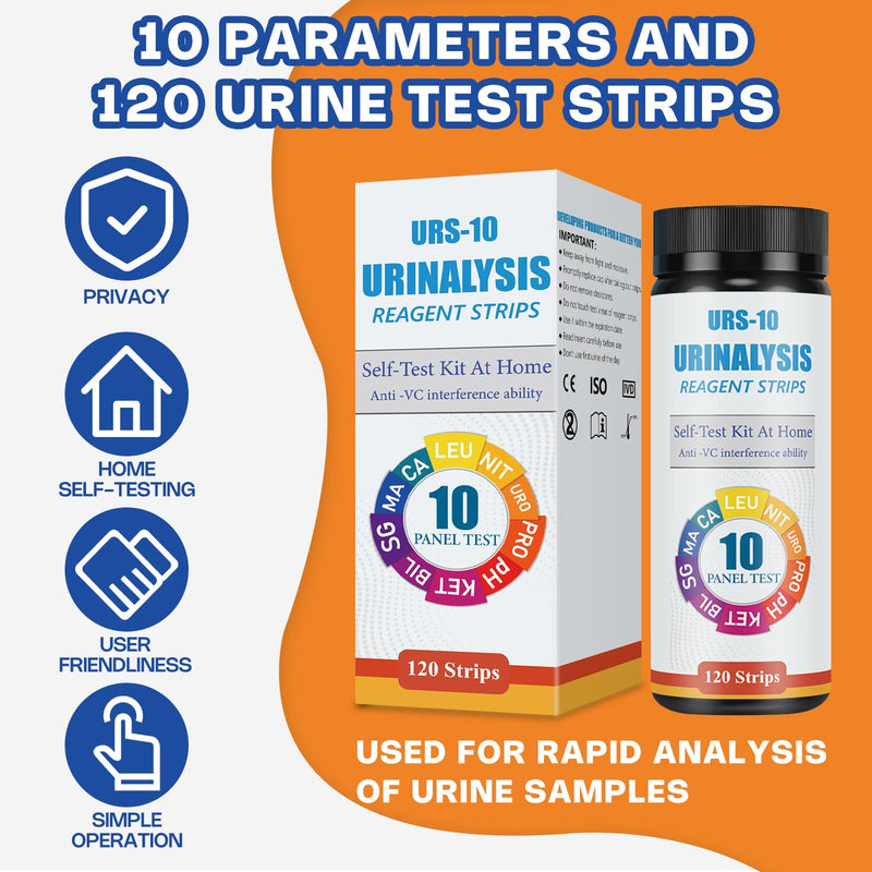 Urinalysis Test Strips - 120 CT | 10-in-1 Comprehensive Urinalysis for Microalbumin, Calcium, PRO, URO, NIT, LEU, SG, BIL, KET, pH | Home Urine Test Strips for Urinary Tract Infections