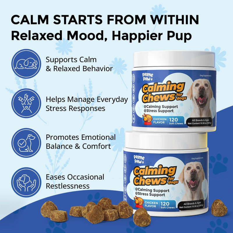 Calming Chews for Dogs L-Theanine L-Tryptophan Phosphatidylserine Valerian Chamomile Passion Flower Non-Sedating Relaxation Support All Breeds Puppy Adult Senior Chicken Flavor 120 Soft Chews