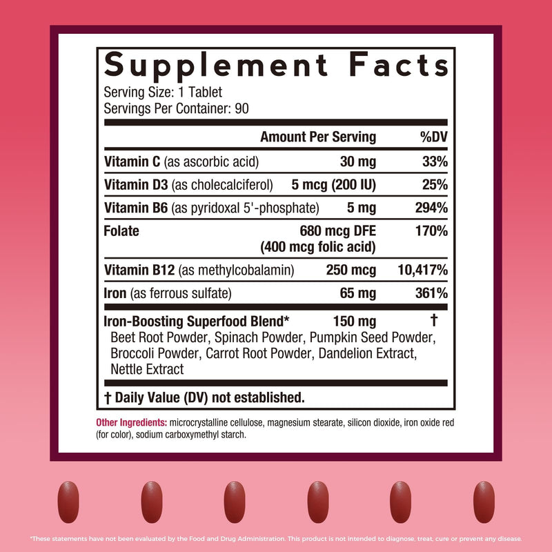 Doctor's Recipes Iron Supplement for Women & Men, Iron 65 mg with Vitamin C, D3, B6, B12, Folate, Beet Root, Pumpkin Seeds, for Energy & Red Blood Cell Support, 90 Tablets