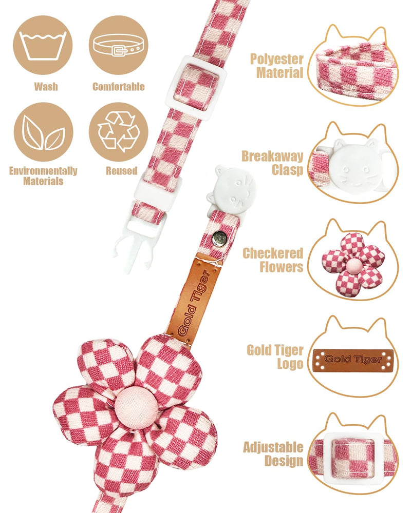 Stylish Black and White Checkered Cat Collar with Flower - Breakaway Safety Collar and Adjustable Size 7.09-12.6 inches for Small to Medium Cats (Pink) Pink - BeesActive Australia