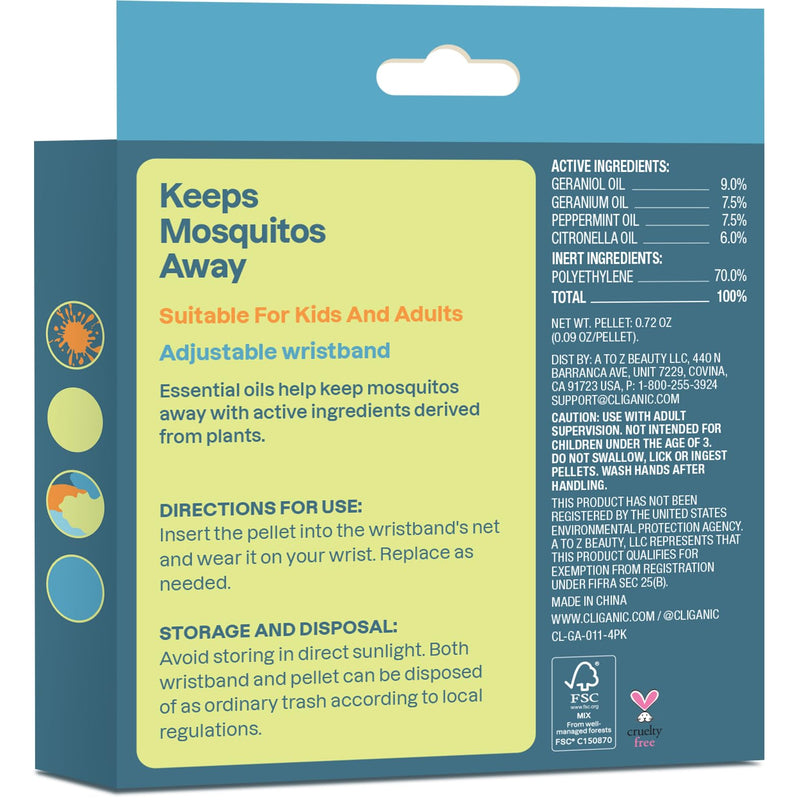 Cliganic Mosquito Repellent Pack (4 Wristbands + 8 Refill Pellets) - Adjustable, Natural DEET-Free, Essential Oil Infused 4 Count (Pack of 1)