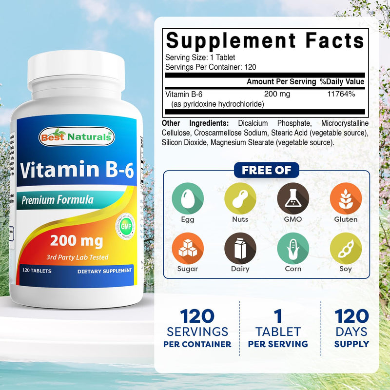 Best Naturals Vitamin b6 200mg for Adults, 120 Tablets (120 Count (Pack of 1)) 120 Count (Pack of 1)