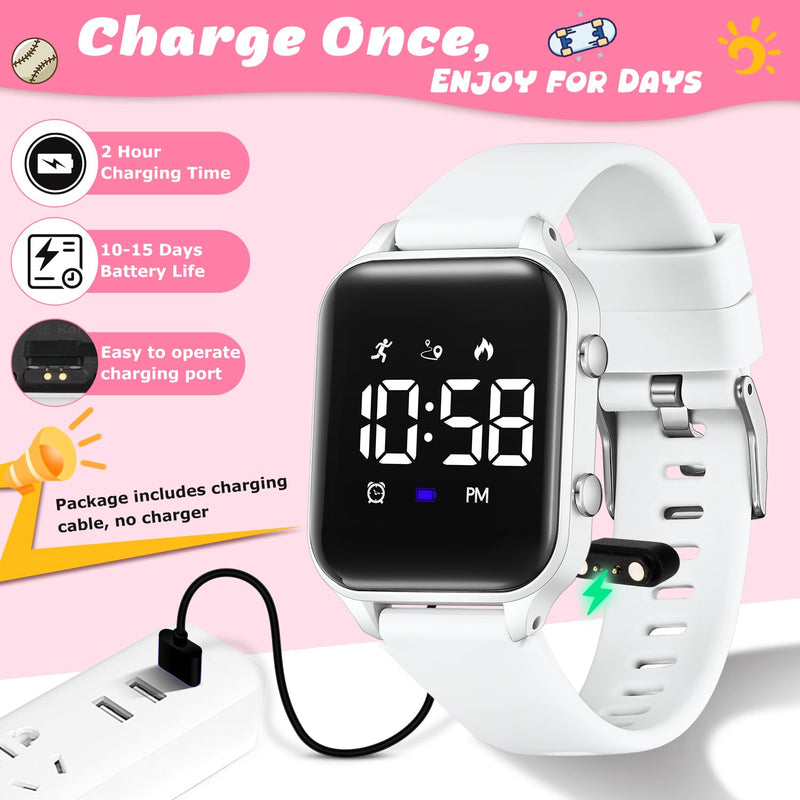 Kids Digital Watches for Boys Girls, Sports Watch with Fitness Tracker, Pedometer, Alarm Clocks, Stopwatch, No App Needed Waterproof Kids Watch, Gift for Teens Student Girls Boys Ages 5-14 L6615E-White