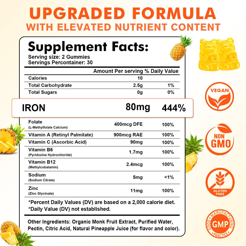 2 Pack Iron Gummies for Women & Men - Vegan Iron Supplement for Anemia & Iron Deficiency, with Vitamin B12, Vitamin C, Zinc, Folate - Energy Boost, Sugar-Free, Pineapple Flavor, 120 Count 60 Count (Pack of 2)