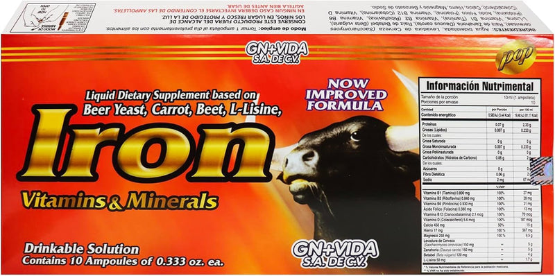 Hierro Liquid Dietary Supplement – Iron with Brewer’s Yeast, Carrot, Beetroot & L-Lysine – Vitamins & Minerals – 10 Ampoules x 10 mL