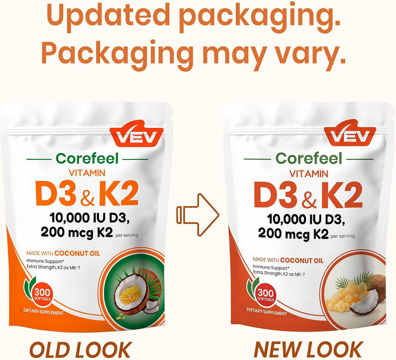 VEV Corefeel Vitamin D3 K2 10,000 IU, 200 mcg MK-7, 300 Coconut Oil Softgels 300 Count (Pack of 1)