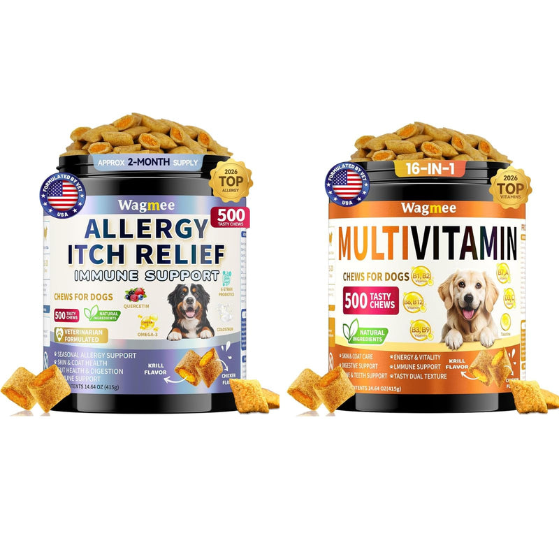2-in-1 Dog Allergy Relief & Multivitamin Chews – 500 Ct Anti-Itch Chews + 16-in-1 Dog Vitamins (500 Ct), Skin, Coat, Gut, Immune & Energy Support with Omega-3 & Probiotics