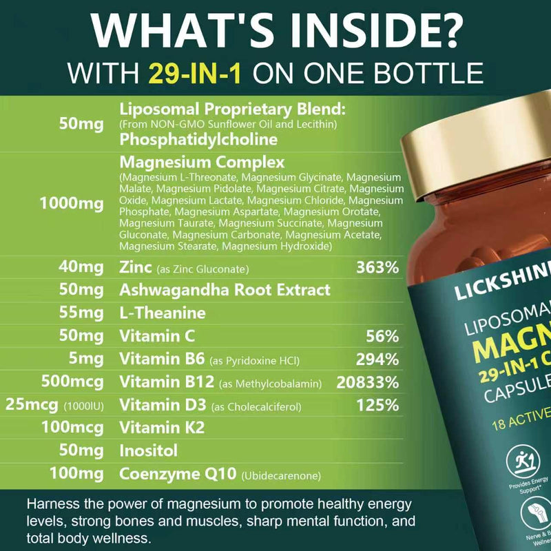 29-in-1 1400mg Liposomal Magnesium Complex for Women & Men Supplement with Glycinate Citrate Malate Oxide - 18 Types Magnesium with Vitamin D3, K2, B6, B12 & Coq10, Support Bone, Muscle, 240 Capsules 2 Packs