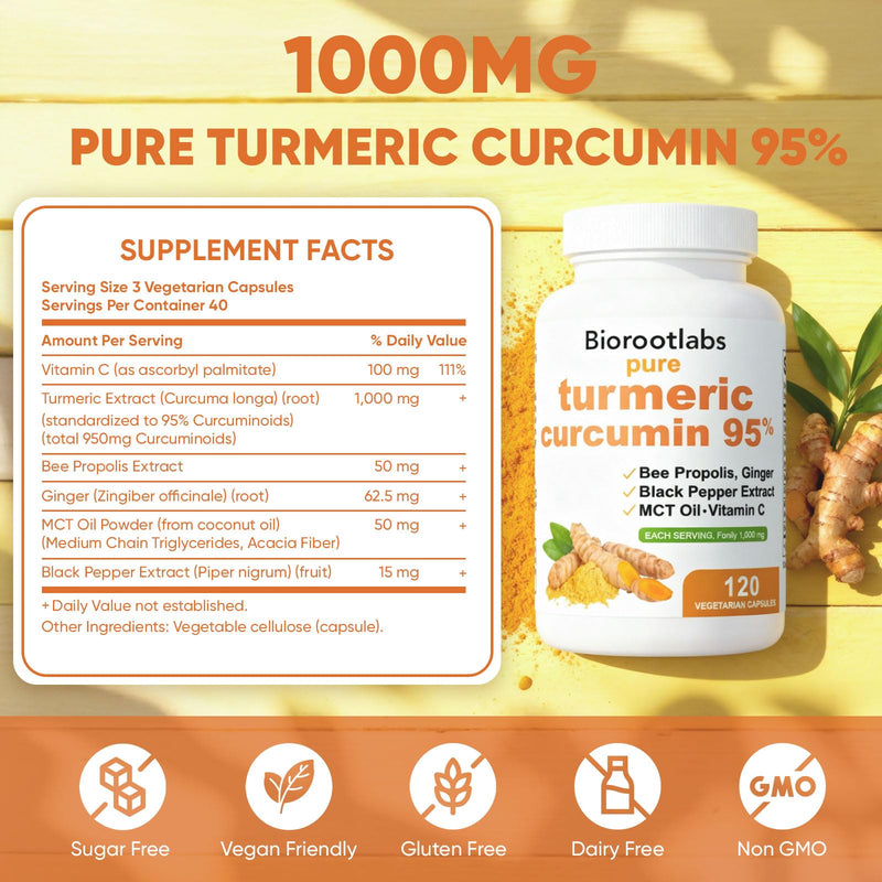 Biorootlabs Turmeric Curcumin Supplement 1000mg, Biorootlabs Pure Turmeric Curcumin 95, 6-in-1 Turmeric Curcumin Capsules with Bee Propolis, Ginger, Mct Oil, Fat Soluble Vitamin C & Black Pepper (2)