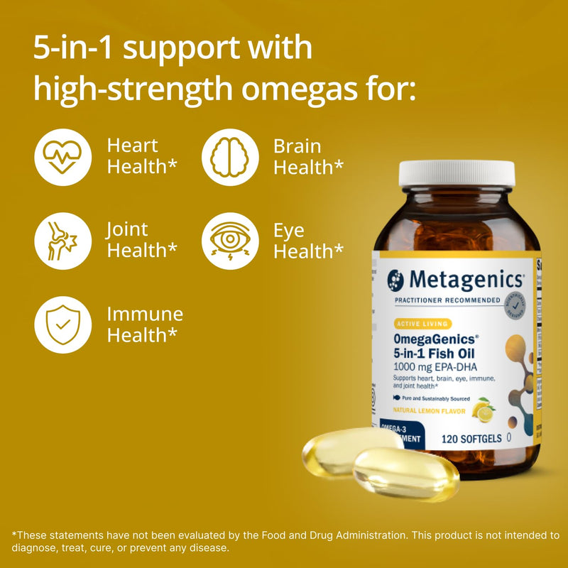 Metagenics OmegaGenics Omega-3 Fish Oil 1000mg EPA DHA, 60 Softgels | High Potency Omega-3 Supplement for Heart, Brain and Joint Health, Sustainably Sourced Fish Oil, 1000mg EPA and DHA Lemon 60 Count (Pack of 1)
