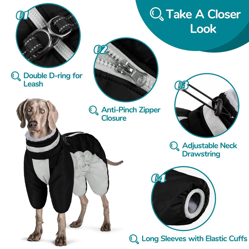 MIGOHI Full Body Dog Coat, Reflective Warm Dog Winter Coat with Harness, Turtleneck Fleece Dog Jacket for Small Medium Large Dogs, Four-Legged Windproof Waterproof Dog Snowsuit with Zipper XX-Large Black - BeesActive Australia