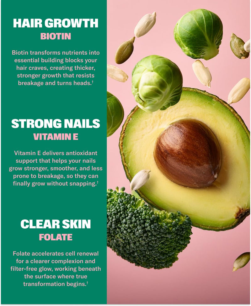 NuStrips™ Fast-Dissolving Beauty Strips with Biotin, Folate & Vitamin E – Hair, Skin & Nails Supplement – Supports Hair Growth & Reduces Hair Fall – Non-GMO, Vegan – Delicious Strawberry (30 Strips)