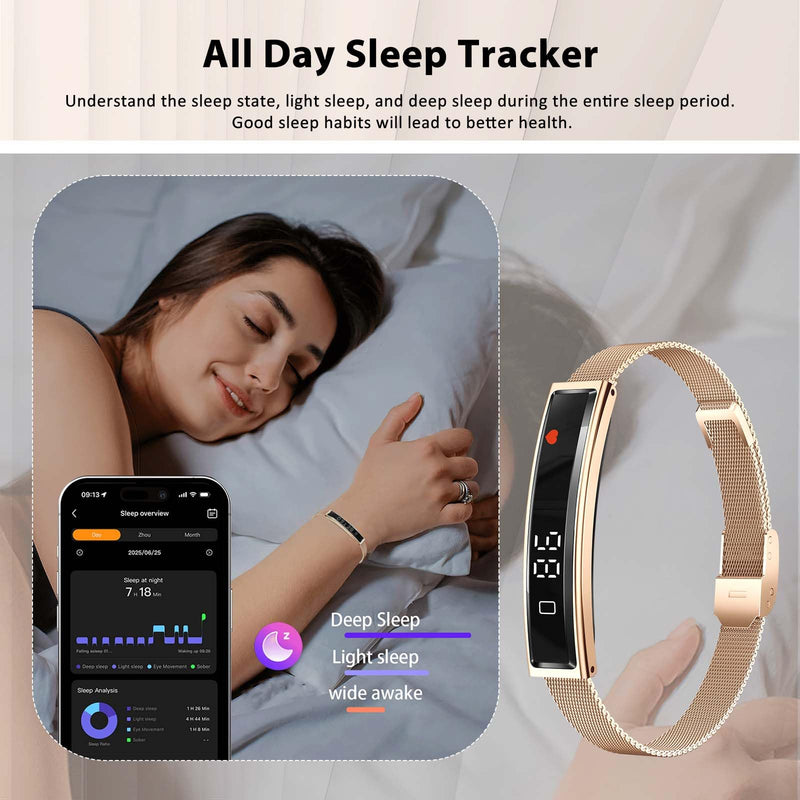 Smart Bracelet for Men Women with 2 Bands 24/7 Fitness Health Tracker Gold Steel + Black Silicone