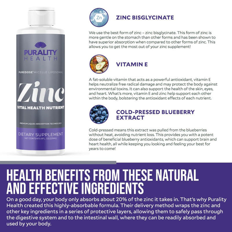 Purality Health Liposomal Liquid Zinc 15mg for Immune Support, 15 Days | Bisglycinate with Vitamin E | Micelle Liposomal High Absorption Formula | Blueberry Flavor, Vegan, Non-GMO, Gluten Free