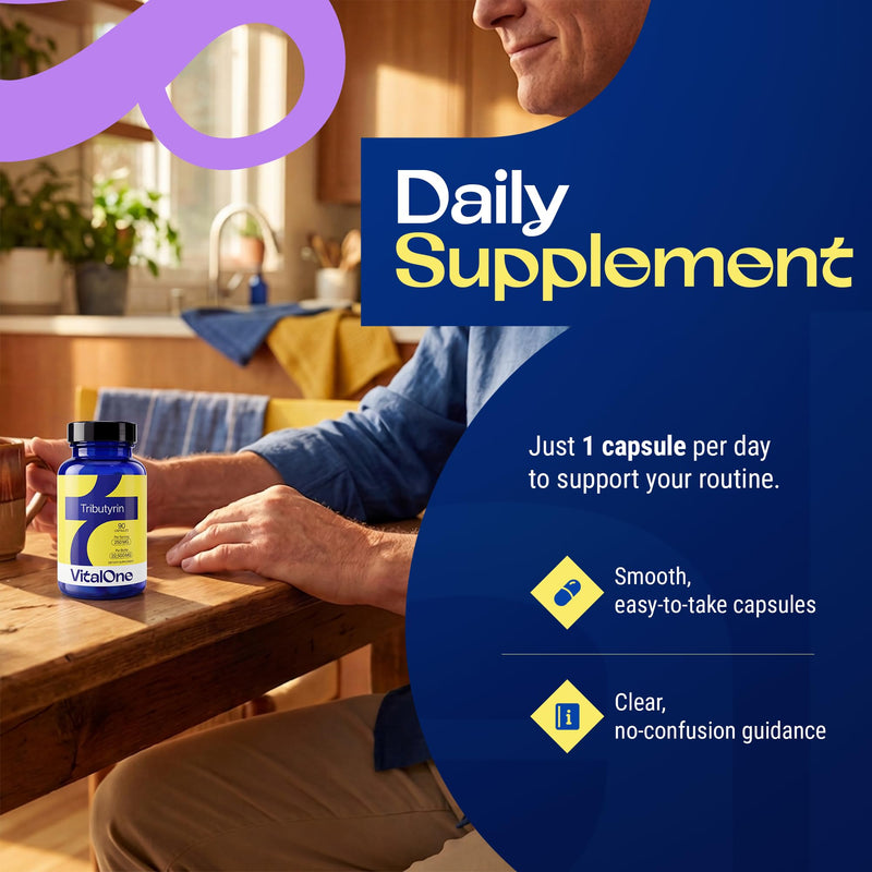 VitalOne Tributyrin 250 mg Supplement | Single Ingredient Butyrate Prodrug | Gut & Digestive Support | Clean Label | 1 Capsule Daily | 90 Capsules